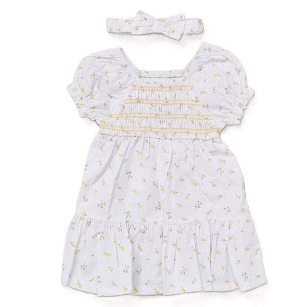 Willow & Whistle Girls Smocked Dress and Headband Set - Yellow Flowers