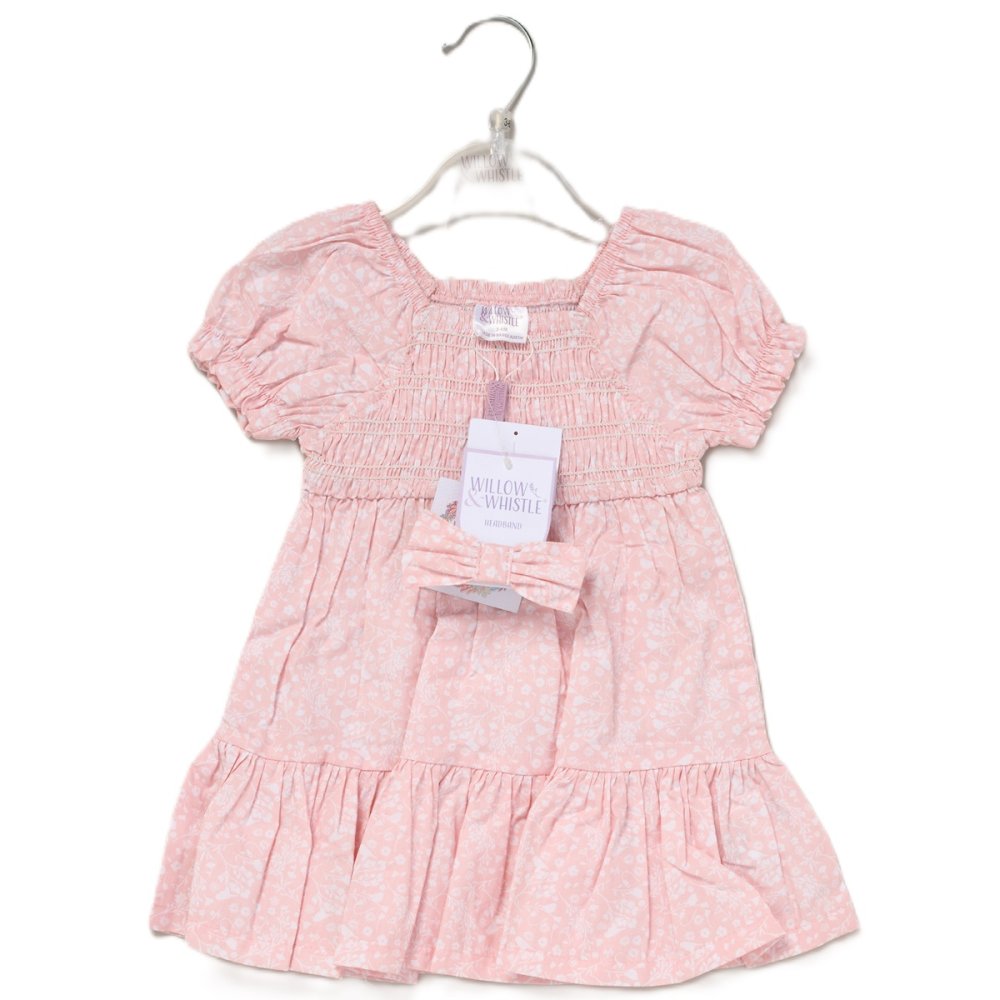 Willow & Whistle Girls Pink Smocked Dress and Headband Set