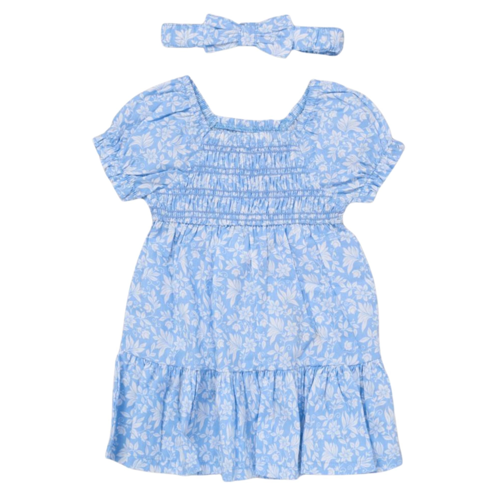 Willow & Whistle Girls Blue Floral Smocked Dress and Headband Set