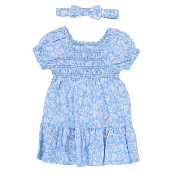Willow & Whistle Girls Blue Floral Smocked Dress and Headband Set