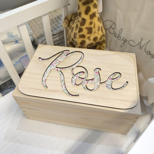 Personalised Wooden Memory Box with Fabric Name